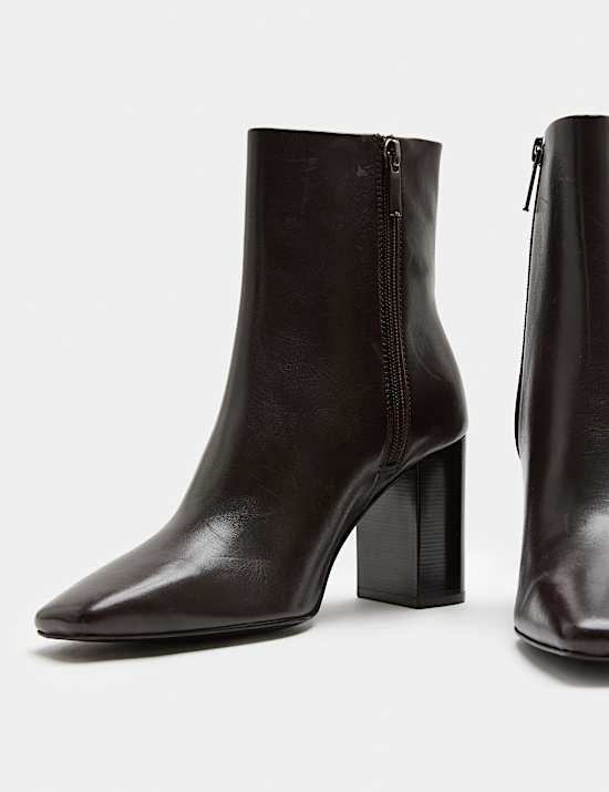 Leather Block Heel Square Toe Ankle Boots