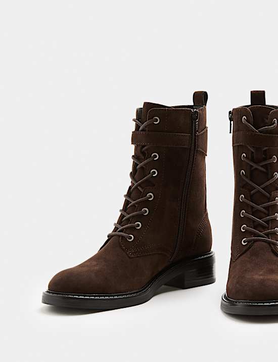 Suede Lace Up Block Heel Ankle Boots
