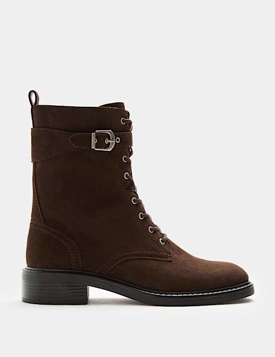 Suede Lace Up Block Heel Ankle Boots