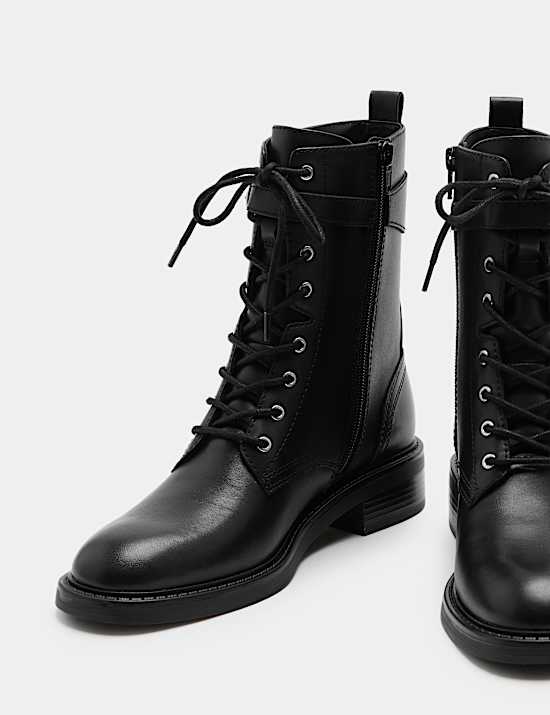 Leather Biker Lace Up Ankle Boots