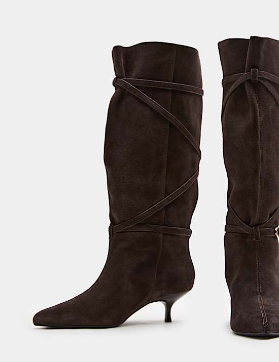 Suede Buckle Wrap Knee High Boots