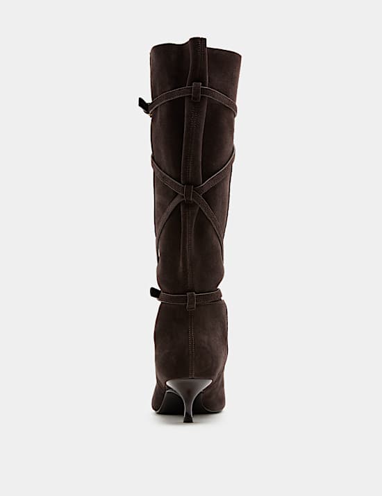Suede Buckle Wrap Knee High Boots