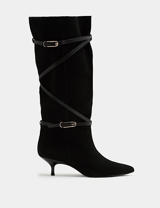 Suede Buckle Wrap Knee High Boots