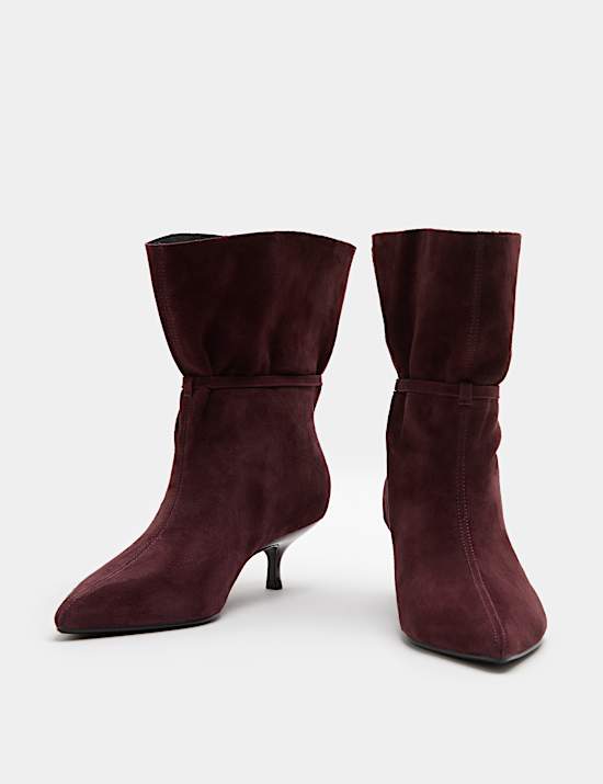 Suede Buckle Ruched Kitten Heel Ankle Boots