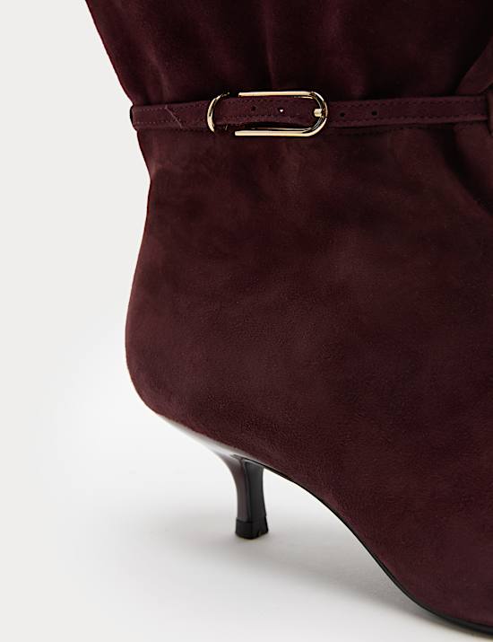 Suede Buckle Ruched Kitten Heel Ankle Boots