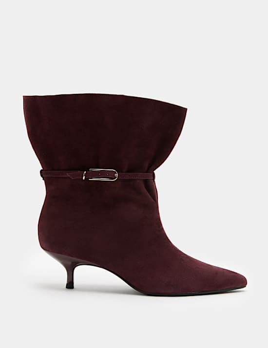 Suede Buckle Ruched Kitten Heel Ankle Boots