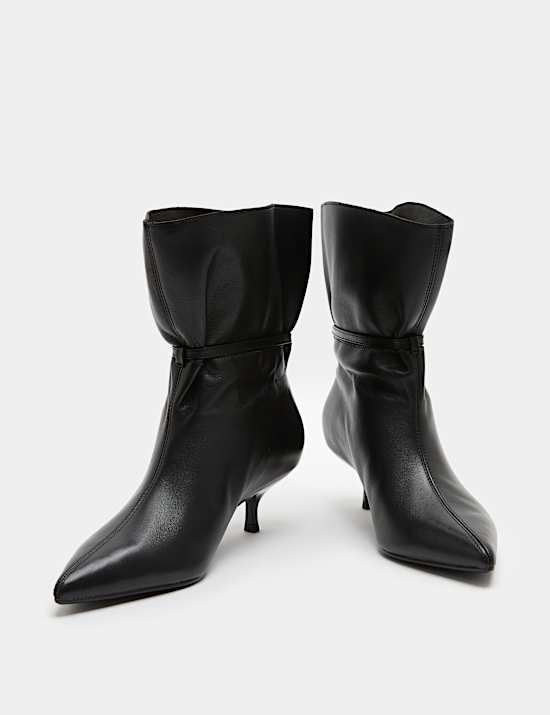 Leather Buckle Ruched Kitten Heel Boots