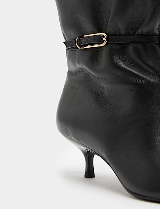 Leather Buckle Ruched Kitten Heel Boots