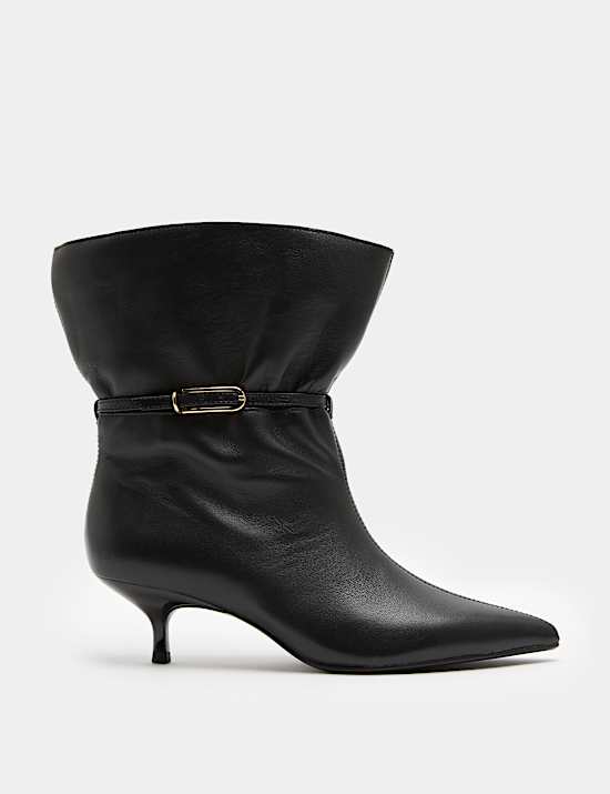 Leather Buckle Ruched Kitten Heel Boots