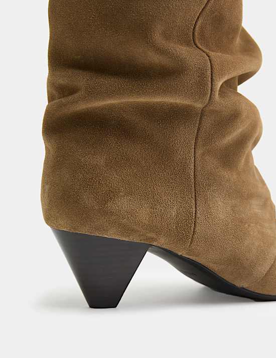 Suede Slouchy Kitten Heel Knee High Boots
