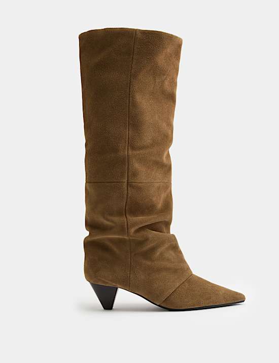 Suede Slouchy Kitten Heel Knee High Boots