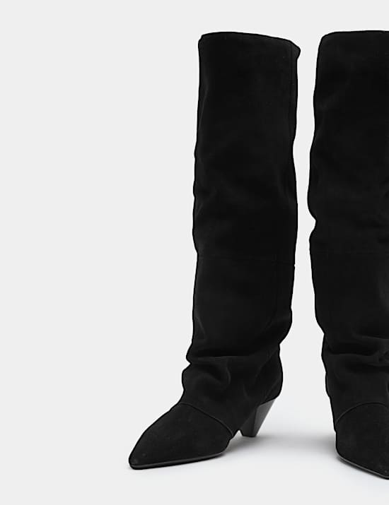 Suede Slouchy Kitten Heel Knee High Boots