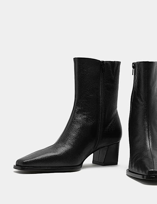 Leather Block Heel Chisel Toe Ankle Boots