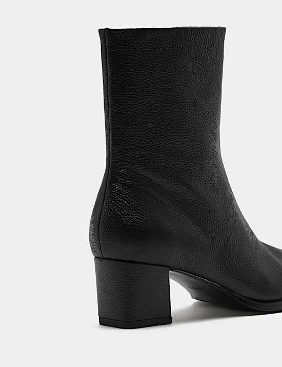 Leather Block Heel Chisel Toe Ankle Boots