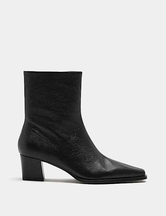 Leather Block Heel Chisel Toe Ankle Boots
