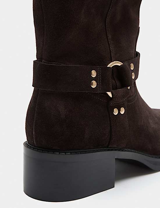 Suede Biker Block Heel Mid Calf Boots