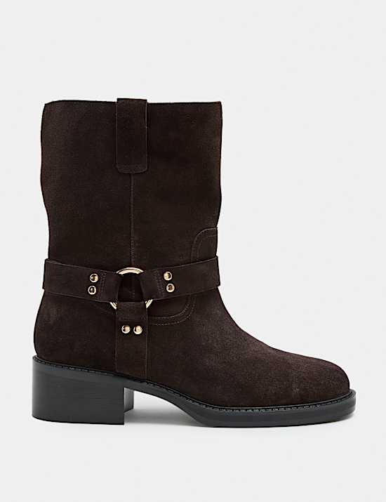 Suede Biker Block Heel Mid Calf Boots