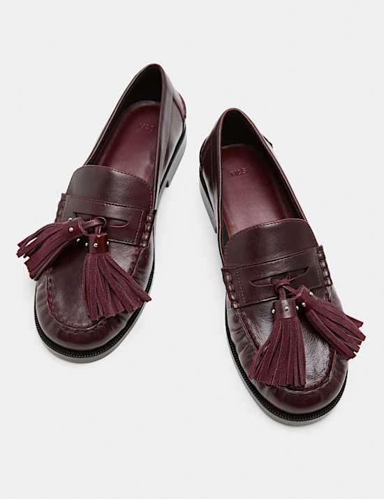 Leather Chunky Tassel Block Heel Round Toe Loafer