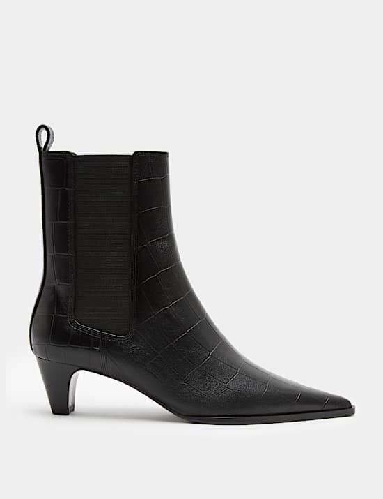 Leather Croc Chelsea Block Heel Ankle Boots