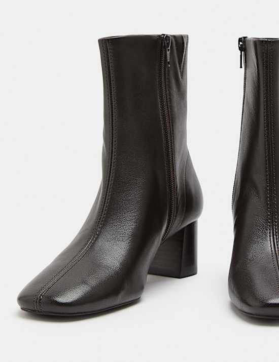 Leather Block Heel Sock Boots