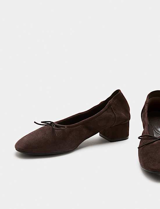 Suede Bow Block Heel Court Shoes
