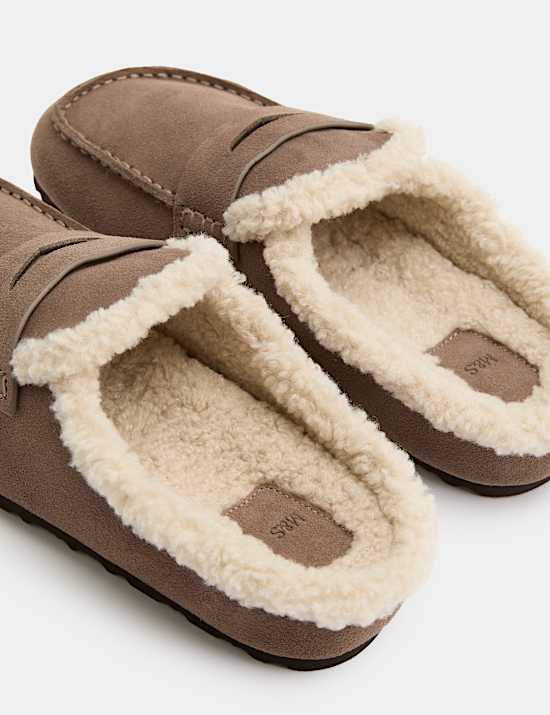 Suede Faux Fur Lined Round Toe Mule Slippers