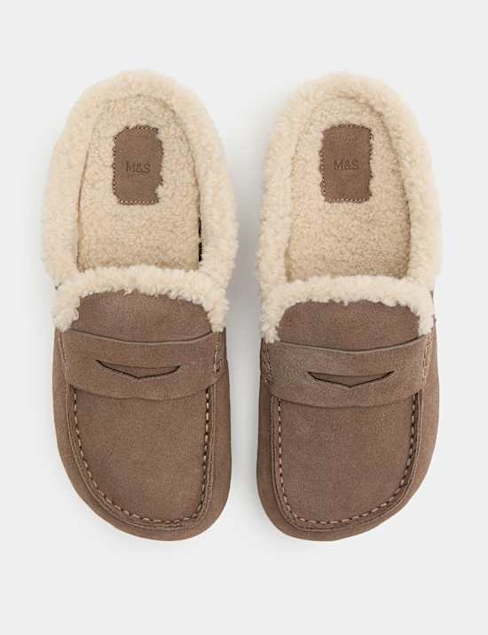 Suede Faux Fur Lined Round Toe Mule Slippers