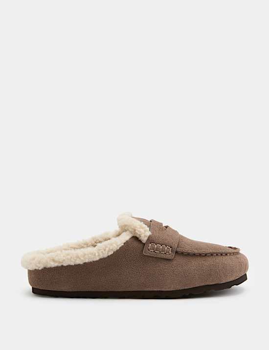 Suede Faux Fur Lined Round Toe Mule Slippers