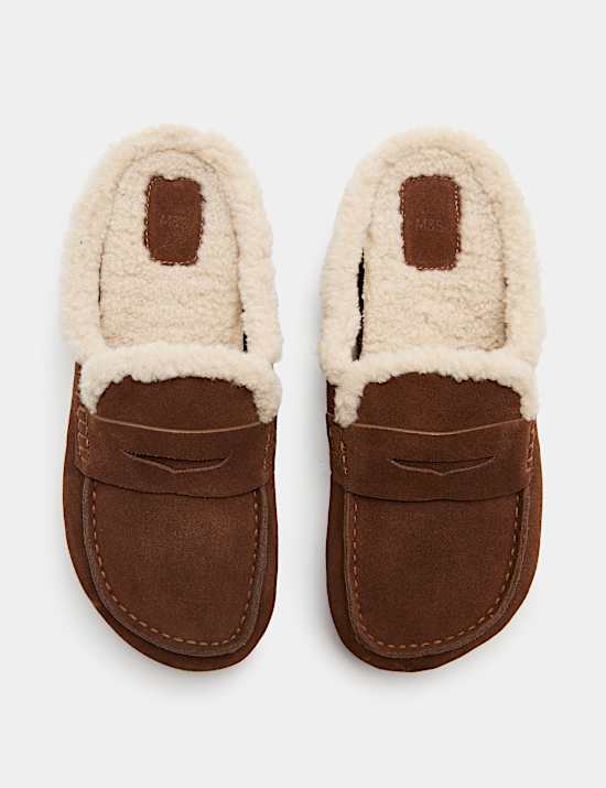 Suede Faux Fur Lined Round Toe Mule Slippers