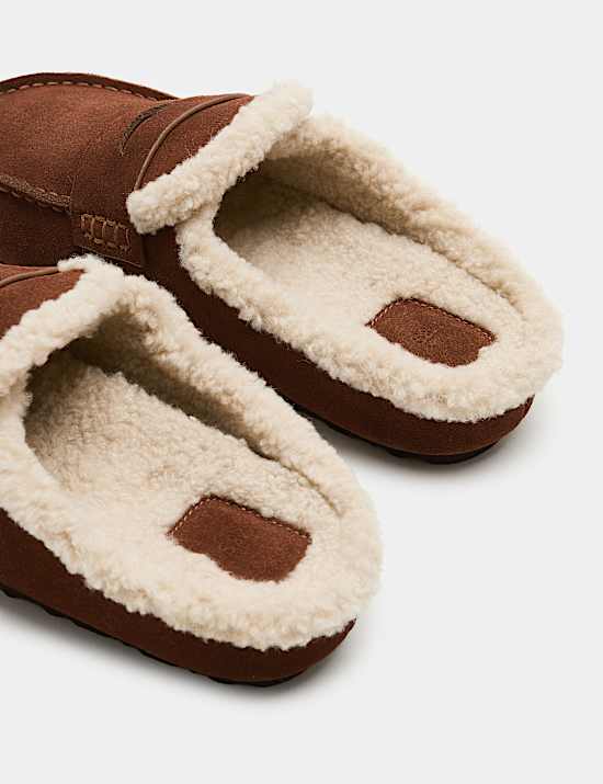 Suede Faux Fur Lined Round Toe Mule Slippers