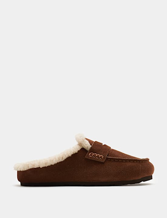 Suede Faux Fur Lined Round Toe Mule Slippers