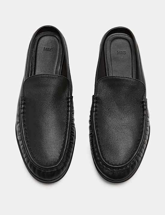 Leather Ruched Backless Flat Loafers