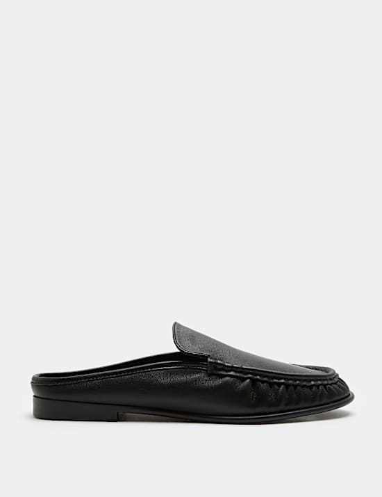 Leather Ruched Backless Flat Loafers