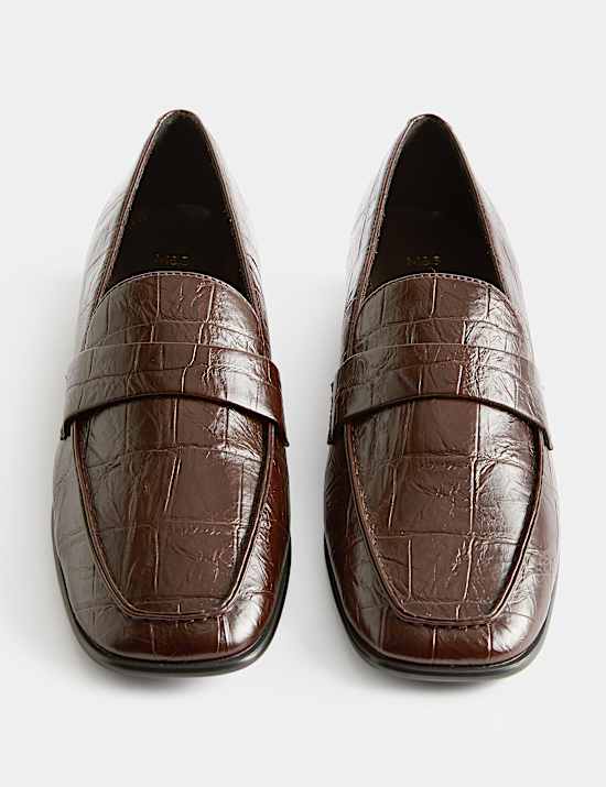 Croc Slip On Block Heel Square Toe Loafers