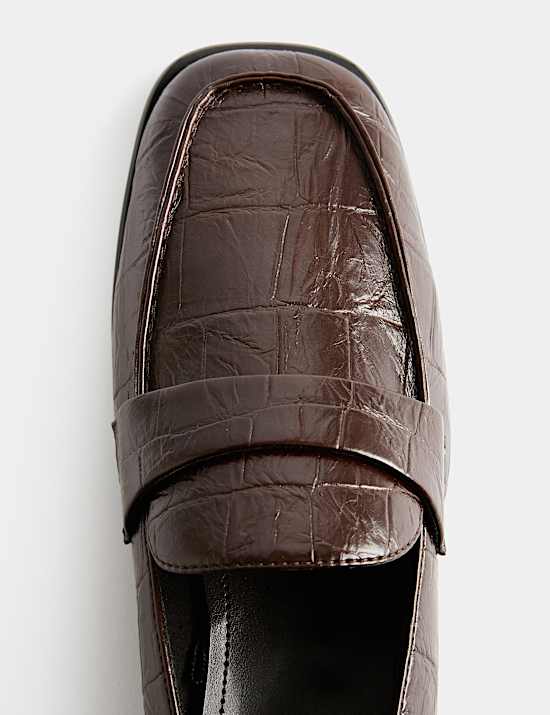 Croc Slip On Block Heel Square Toe Loafers