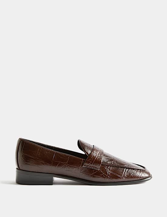 Croc Slip On Block Heel Square Toe Loafers