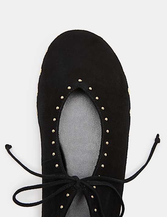 Suede Studded Tie Ballet Pumps