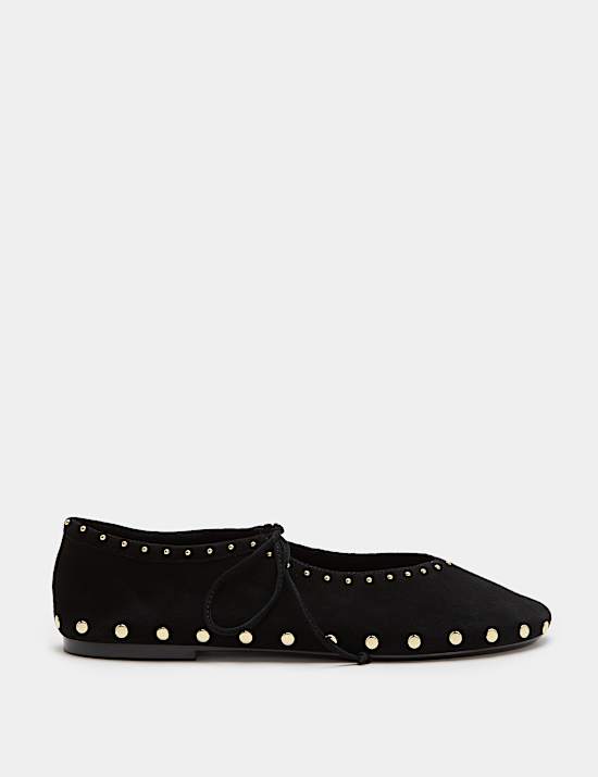 Suede Studded Tie Ballet Pumps