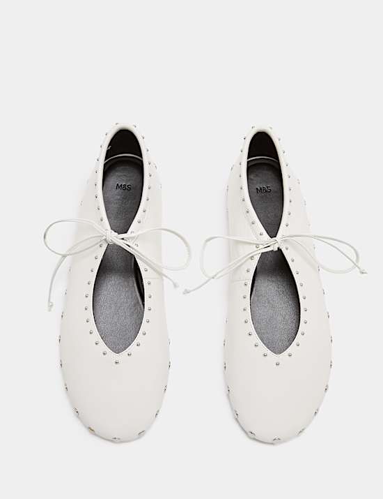 Leather Studded Tie Ballet Pumps
