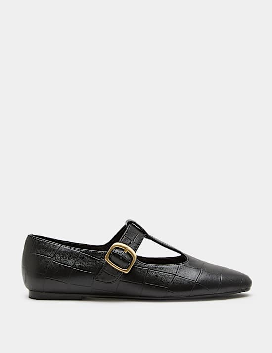 Ballerines Mary Jane plates en cuir crocodile &agrave; bride en T