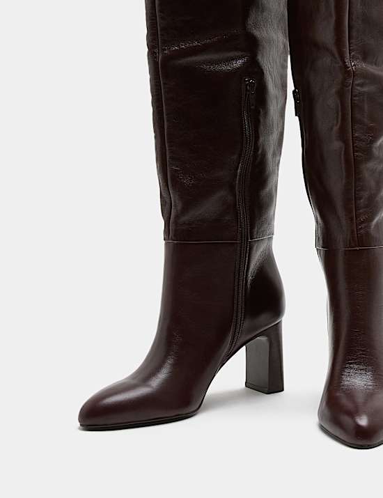 Leather Block Heel Over the Knee Boots