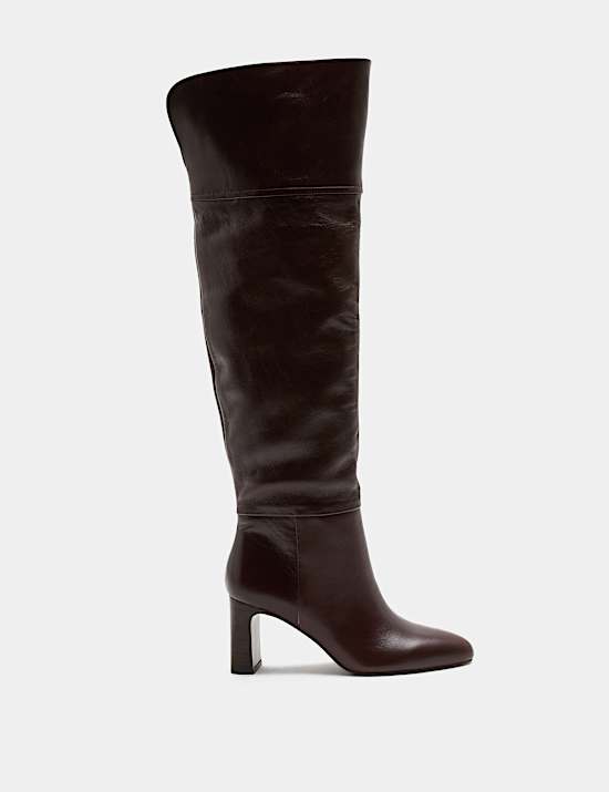 Leather Block Heel Over the Knee Boots