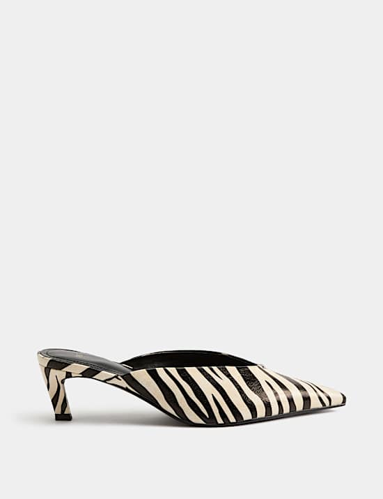 Zebra Print Kitten Heel Pointed Mules