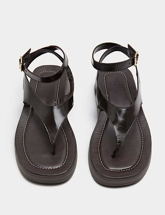 Leather Ankle Strap Flatform Toe Post Sandals
