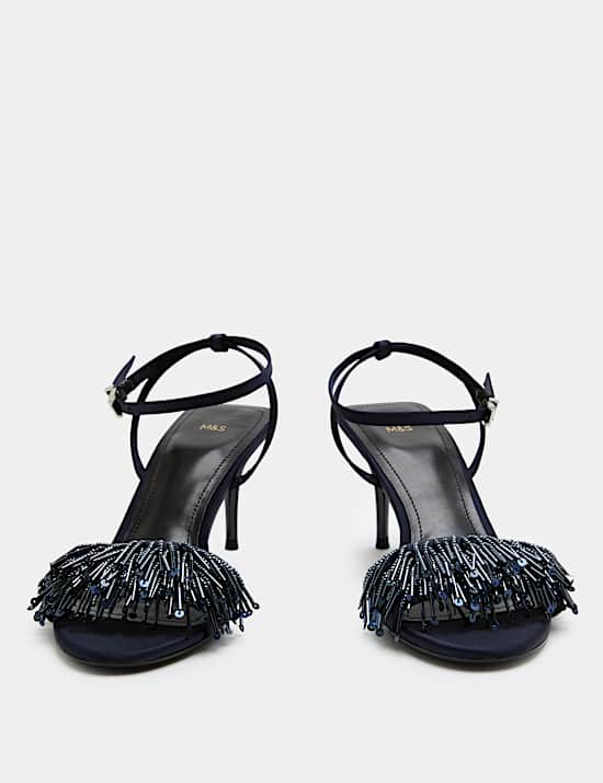 Satin Fringed Buckle Stiletto Heel Sandals