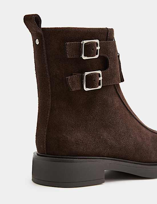 Suede Buckle Block Heel Round Toe Ankle Boot