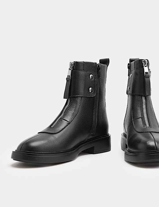 Leather Biker Buckle Block Heel Round Toe Boot