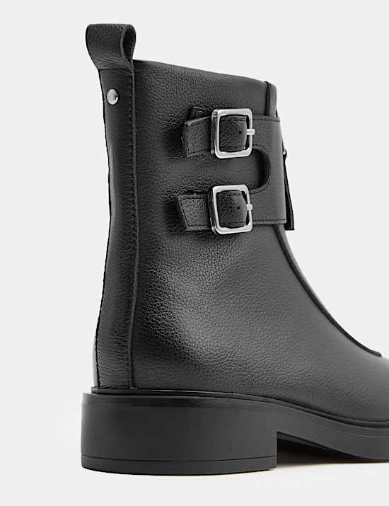 Leather Biker Buckle Block Heel Round Toe Boot