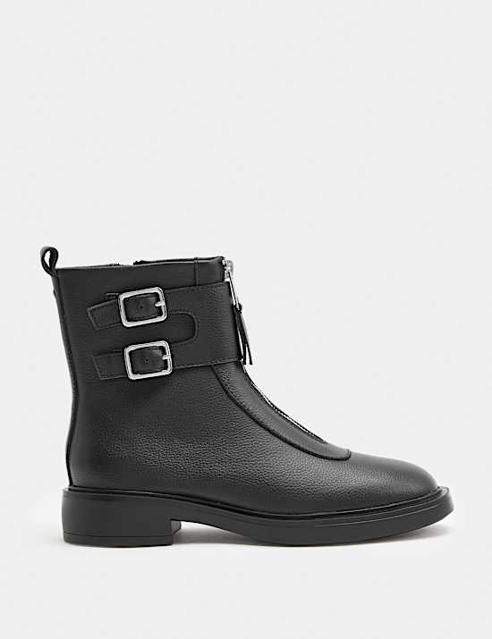 Leather Biker Buckle Block Heel Round Toe Boot