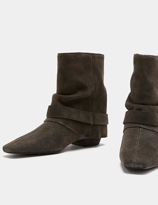 Suede Buckle Slouch Block Heel Ankle Boots